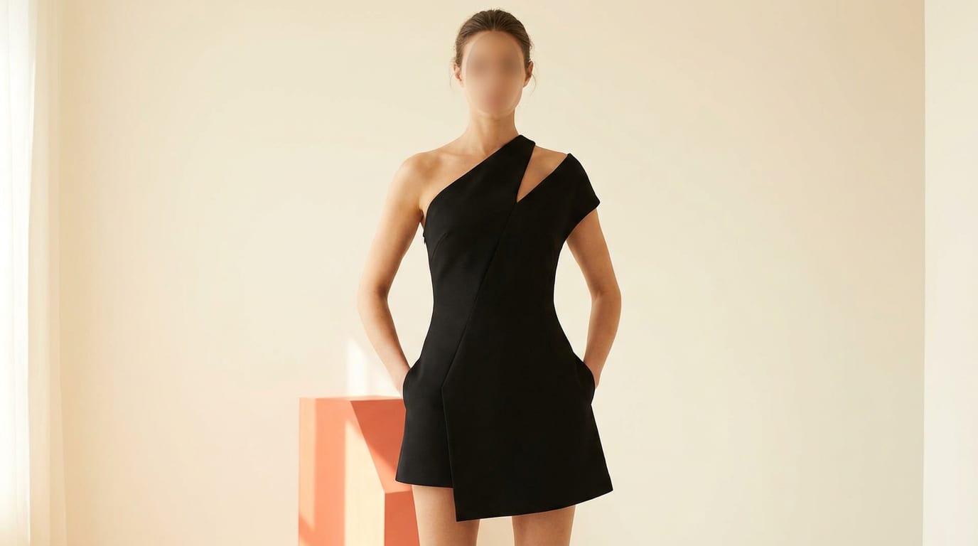 Kobieta w eleganckiej, czarnej asymetrycznej sukience mini na jedno ramię.