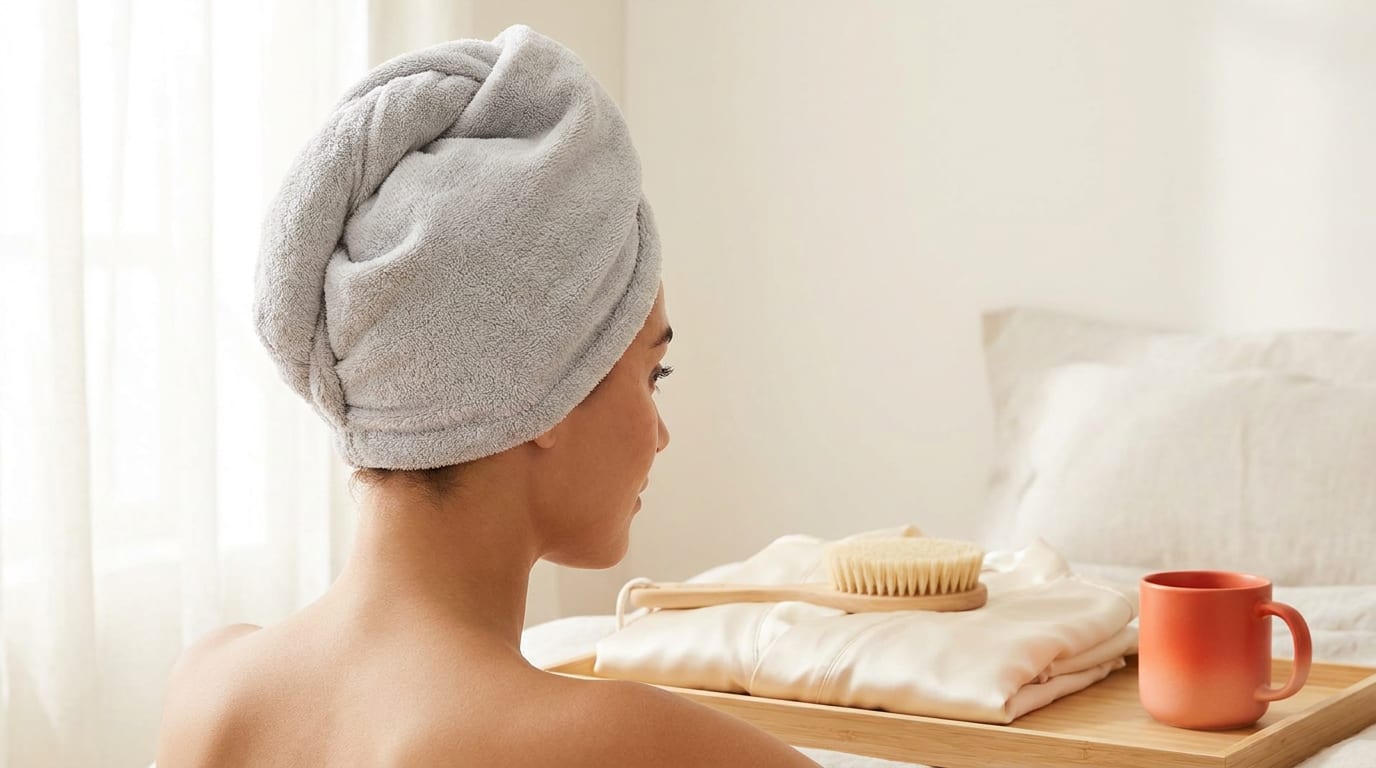 Kobieta z włosami zawiniętymi w szary ręcznik z mikrofibry.