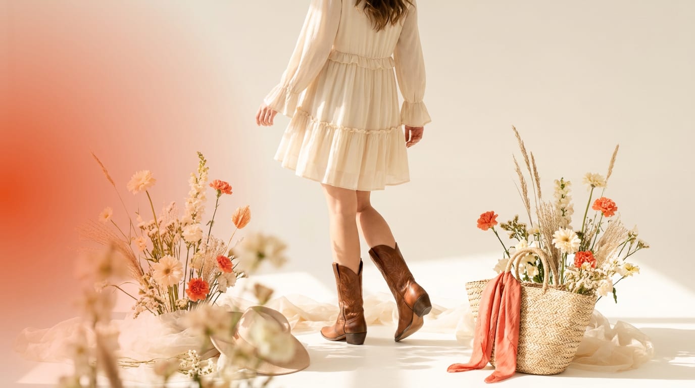 Kobieta w kremowej sukience w stylu boho idąca przez kwiecistą łąkę.