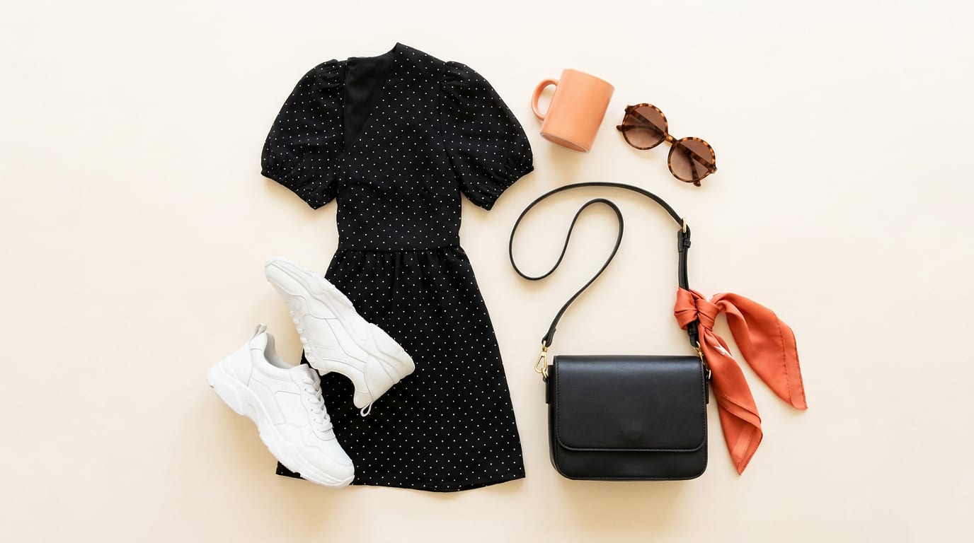 Młoda kobieta w czarnej sukience babydoll w groszki i białych sneakersach idzie ulicą miasta.