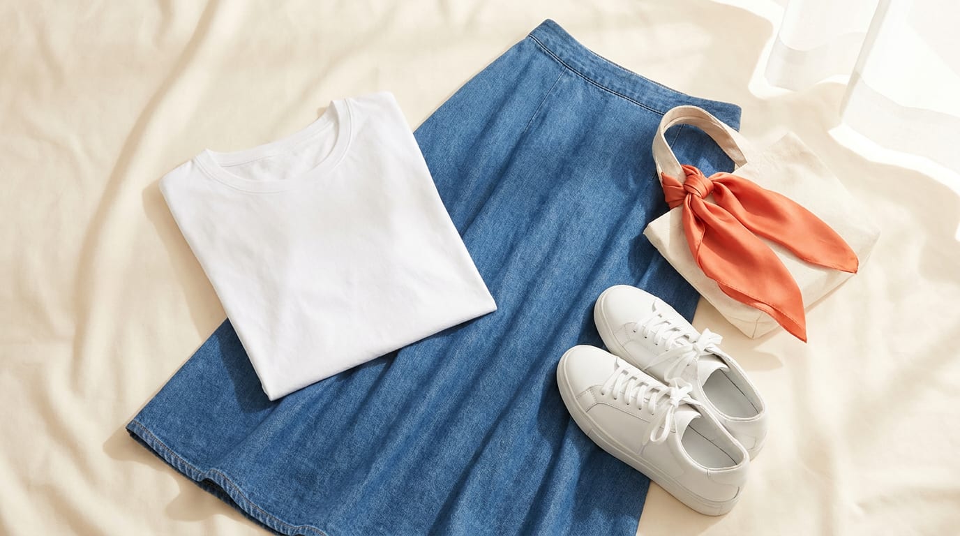 Kobieta w stylizacji z długą spódnicą jeansową, białym T-shirtem i trampkami.