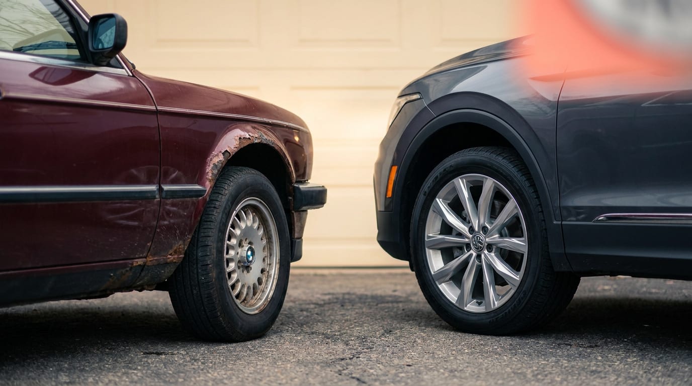 Stary niemiecki sedan obok nowego, budżetowego SUV-a, co symbolizuje zmianę w postrzeganiu marek samochodowych.