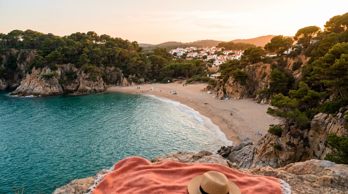 Spokojna zatoczka na wybrzeżu Costa Brava w Hiszpanii we wrześniu o zachodzie słońca.