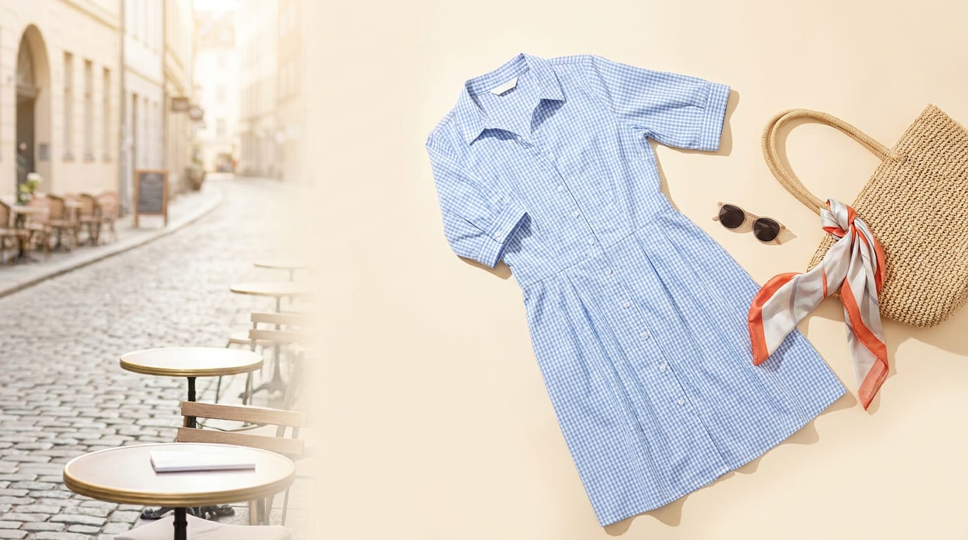 Kobieta w letniej sukience w niebiesko-białą kratkę gingham, uśmiecha się na ulicy miasta.