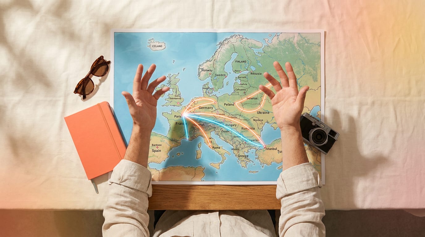 Osoba planująca podróż, wskazując palcem na mapę Europy z zaznaczonymi trasami lotniczymi.