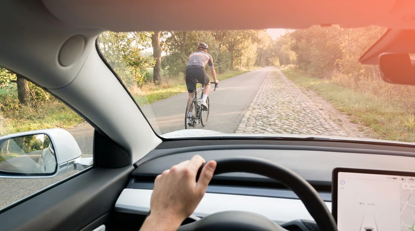 Widok zza kierownicy samochodu na kolarza jadącego po jezdni obok nierównej ścieżki rowerowej.