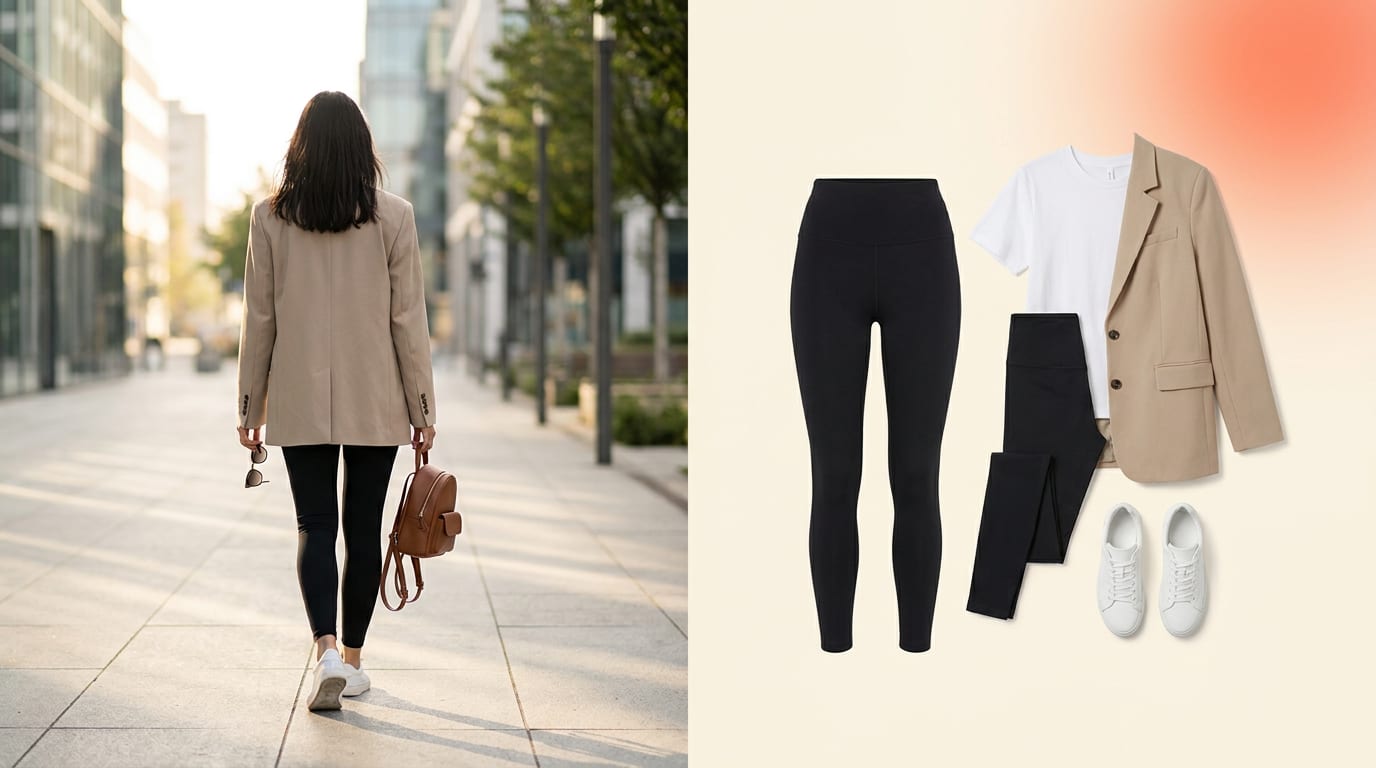 Kobieta w stylizacji athleisure: czarne legginsy, biały T-shirt i beżowa marynarka.