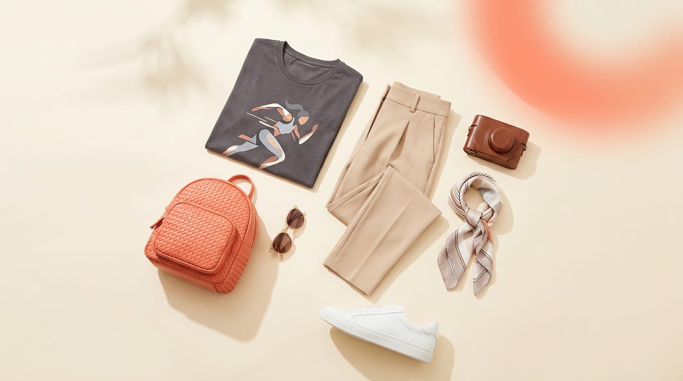Kobieta w miejskiej stylizacji łączącej sportową koszulkę z eleganckimi spodniami.