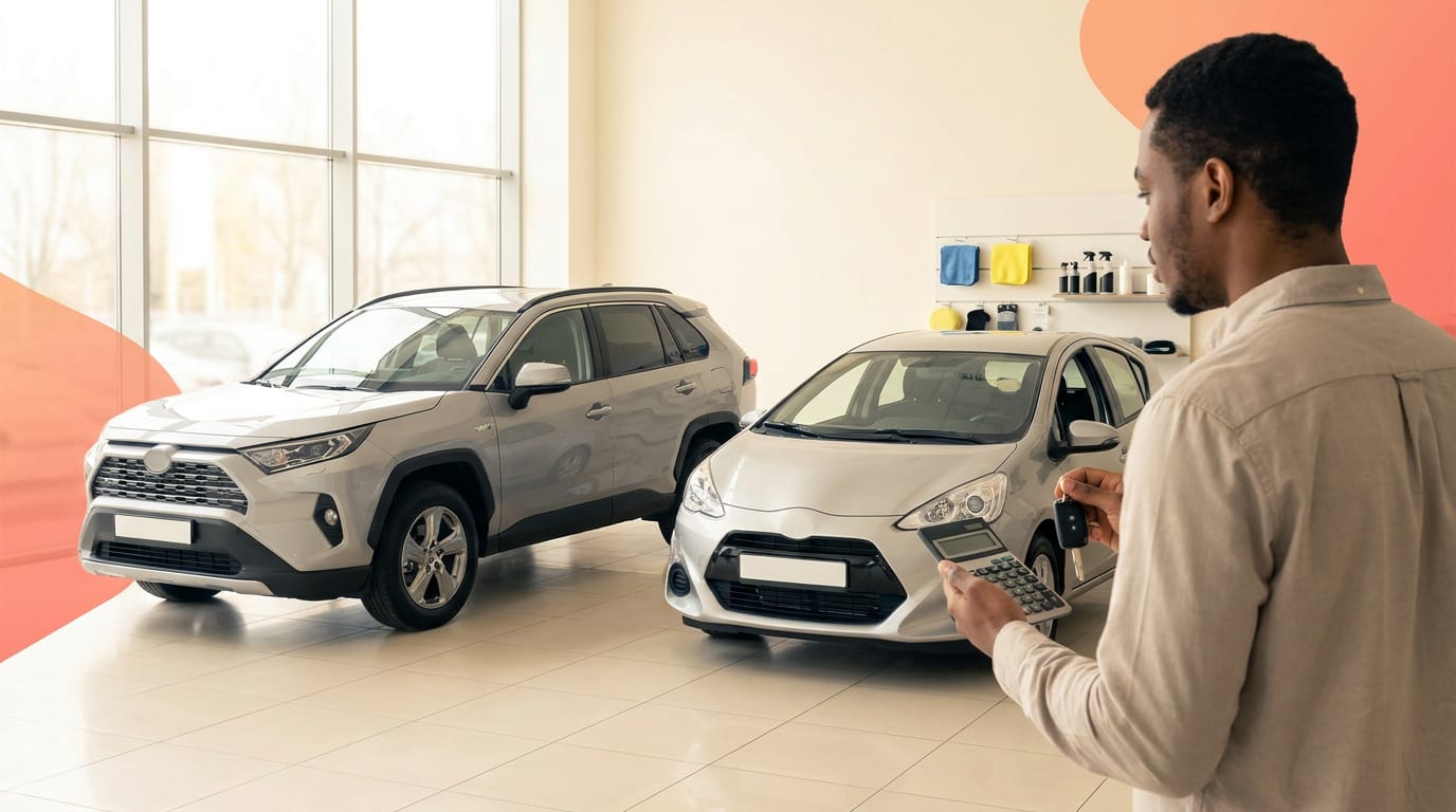 Nowoczesny SUV i hatchback w salonie samochodowym, symbolizujące wybór nowego auta i oszczędzanie.