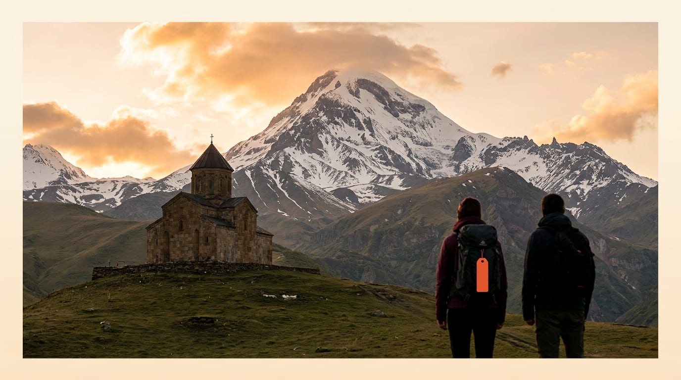 Widok na klasztor Cminda Sameba w Gruzji na tle ośnieżonego szczytu góry Kazbek.