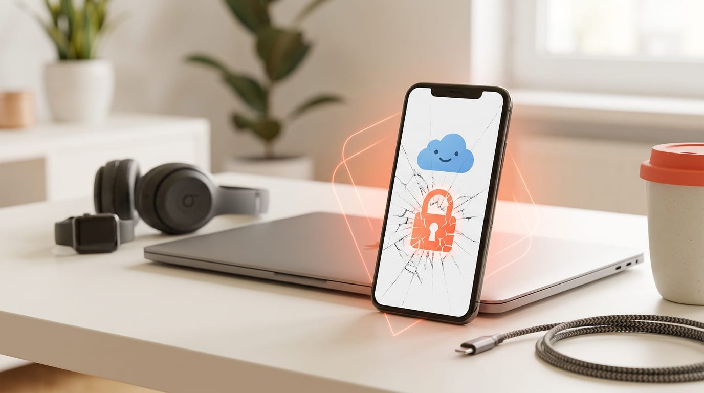 Smartfon z pękniętym ekranem nad ikoną aplikacji, symbolizujący wyciek danych i zagrożenie bezpieczeństwa.