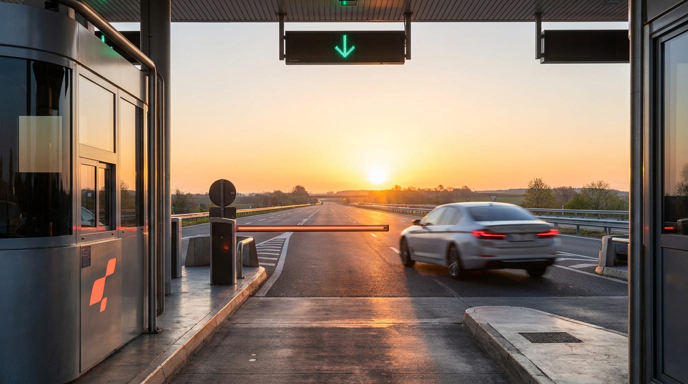 Samochód przejeżdżający przez otwartą bramkę na autostradzie, symbolizującą darmowy przejazd.