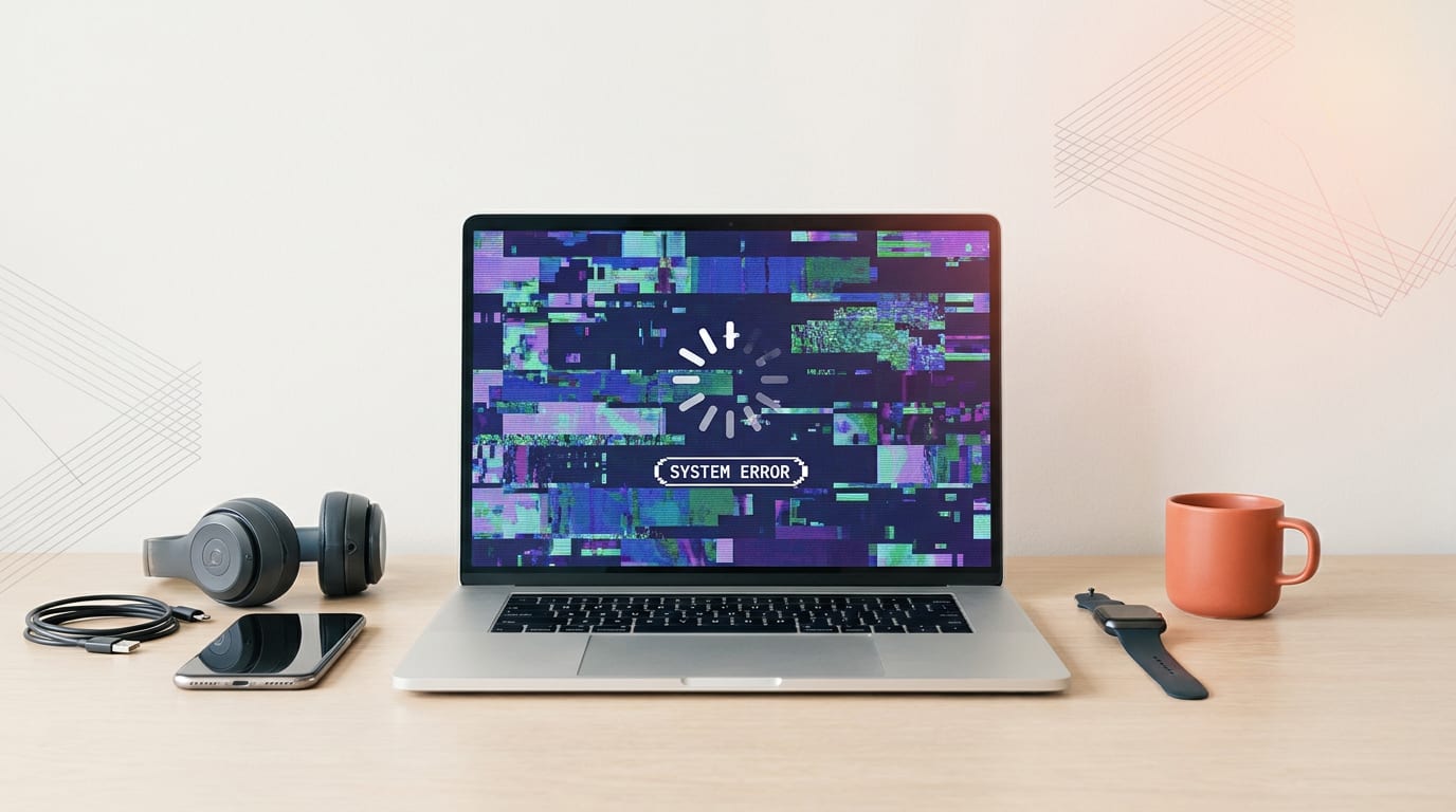 Nowoczesny laptop z zaciętym, spikselowanym ekranem i ikoną ładowania.