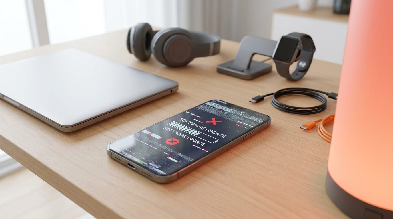 Smartfon z błędem na ekranie podczas aktualizacji oprogramowania.