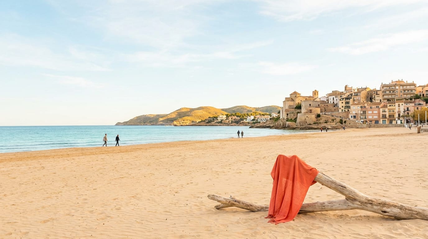 Słoneczny, jesienny dzień na szerokiej, piaszczystej plaży Costa Dorada w Hiszpanii.