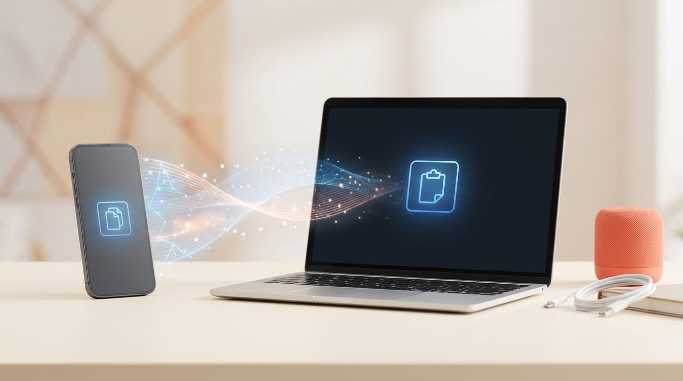 Grafika symbolizująca połączenie smartfona i laptopa. Strumień danych płynie od telefonu z ikoną kopiowania do komputera z ikoną wklejania.
