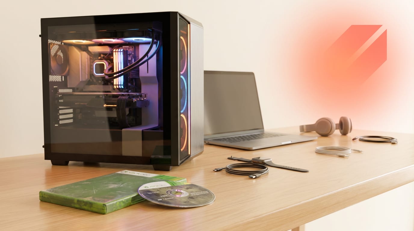 Płyta z grą na Xbox 360 leżąca obok nowoczesnego komputera PC do gier.