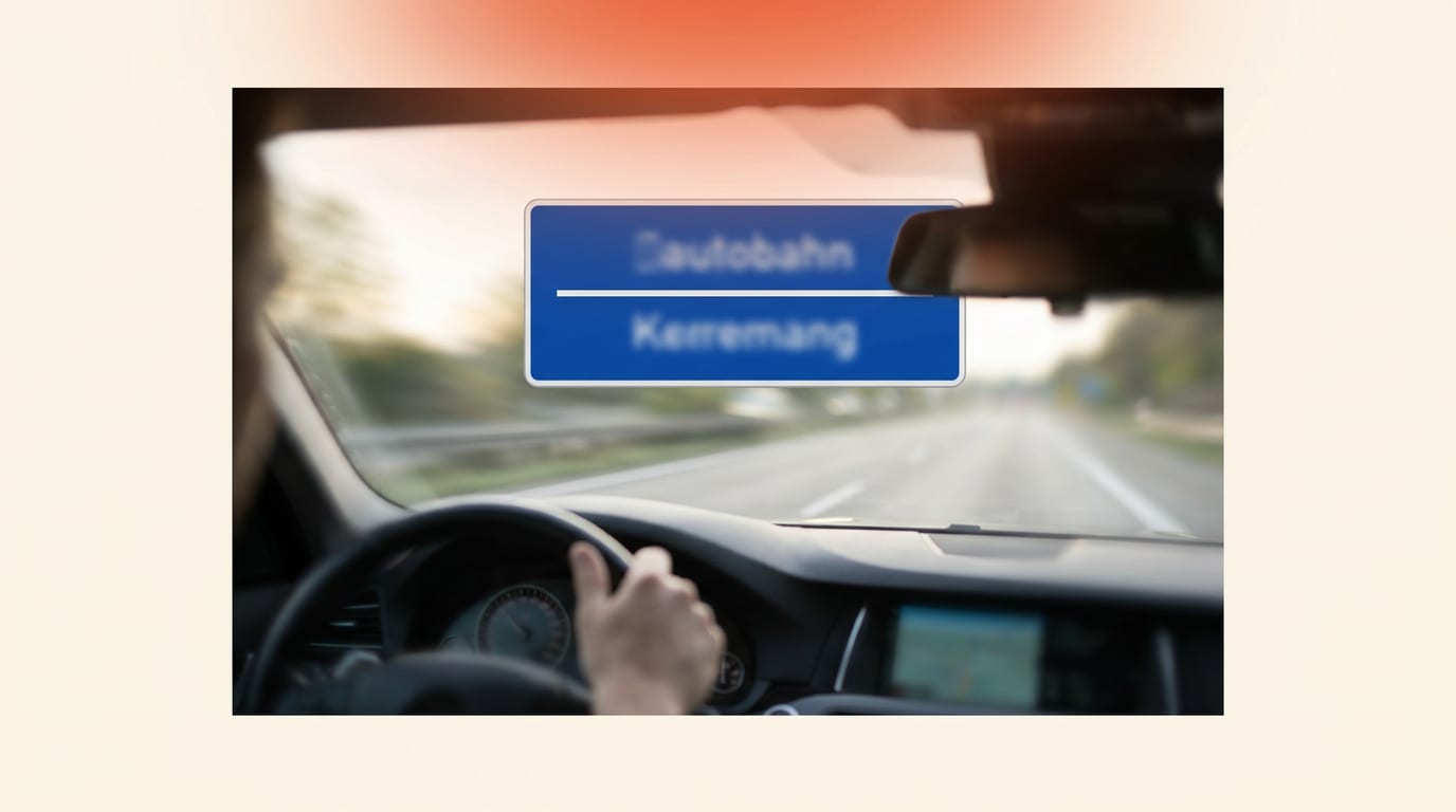 Niebieski znak drogowy na niemieckiej autostradzie z poziomą linią, widziany z perspektywy kierowcy.