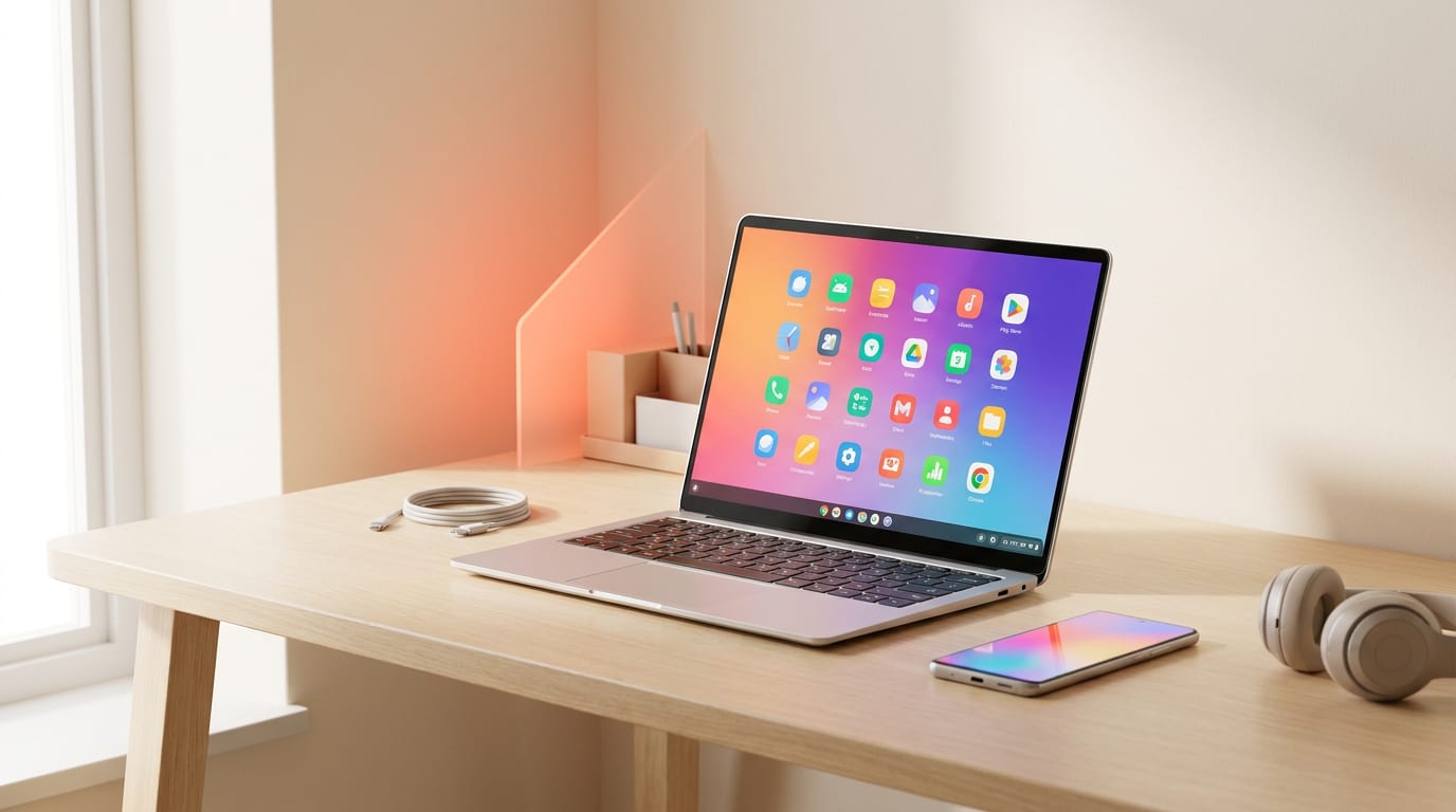 Nowoczesny, smukły laptop z systemem Android na ekranie, stojący na minimalistycznym biurku.