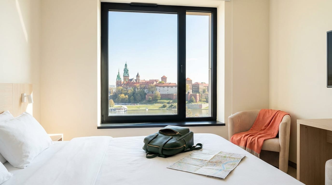 Luksusowy pokój hotelowy z widokiem na miasto, na łóżku leży otwarty plecak i mapa podróżna.