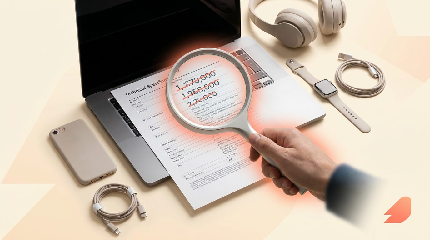 Lupa powiększająca specyfikację techniczną laptopa, która pokazuje rozbieżność między deklarowanymi a rzeczywistymi parametrami.