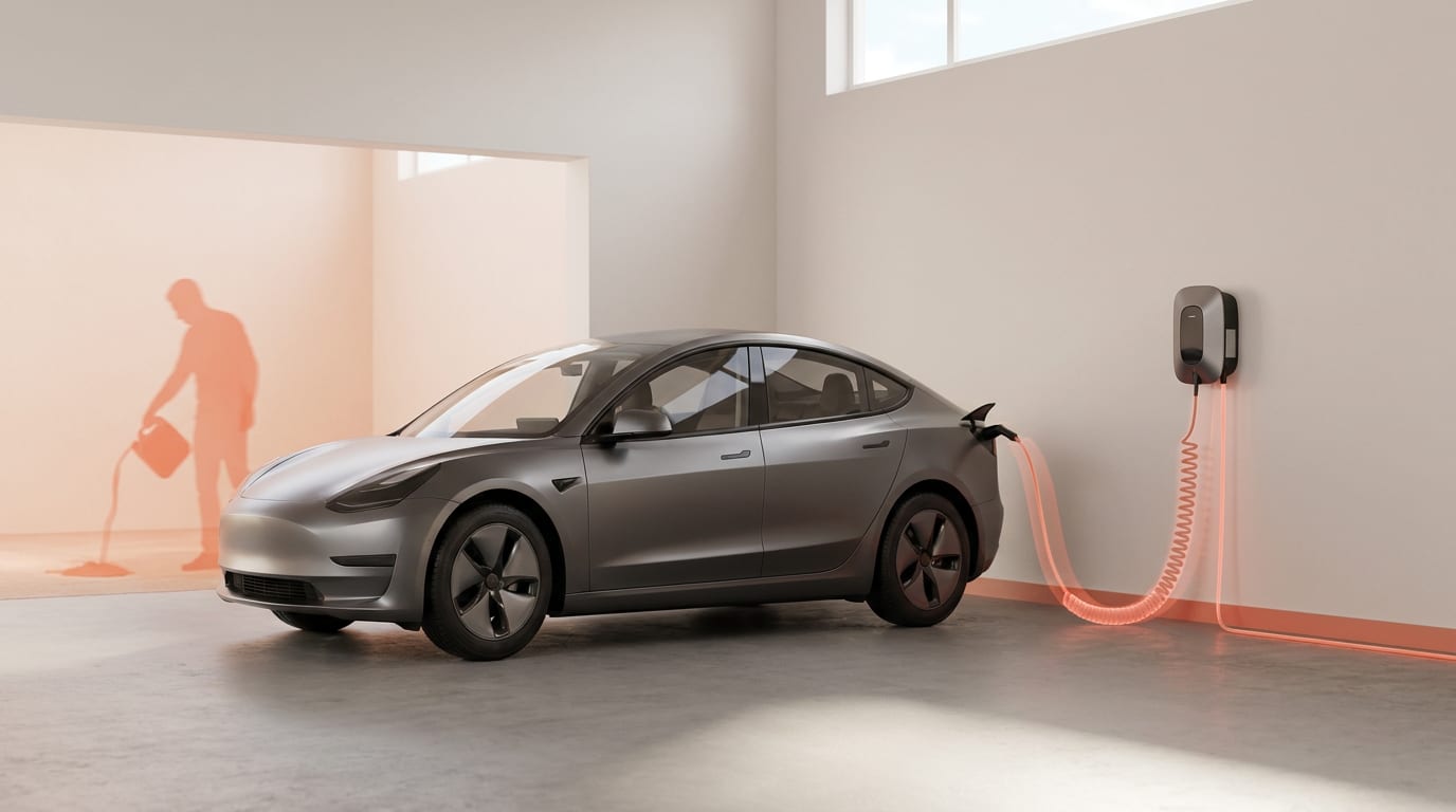 Samochód elektryczny podłączony do ładowarki typu wallbox w garażu.
