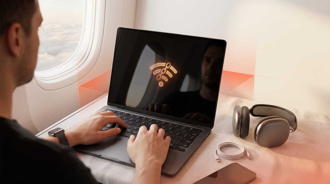 Osoba w fotelu samolotowym patrzy na ekran laptopa z ostrzeżeniem o niezabezpieczonej sieci Wi-Fi.
