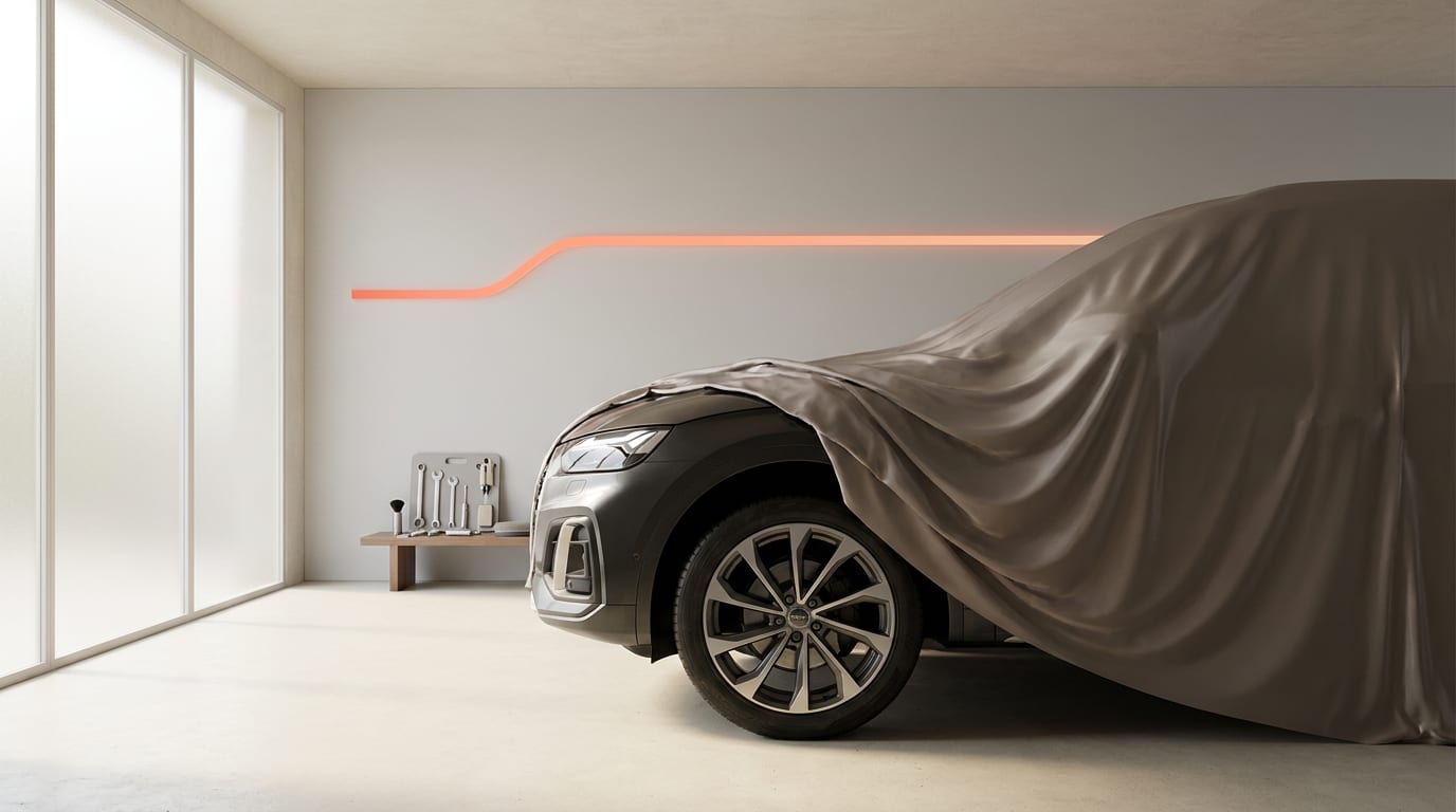 Nowoczesny SUV częściowo zakryty płachtą, sugerujący premierę nowego modelu.