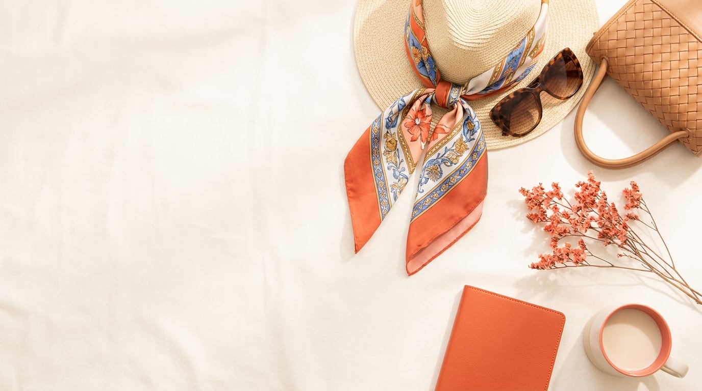 Kobieta w okularach przeciwsłonecznych z kolorową, jedwabną chustką zawiązaną na głowie w stylu retro.