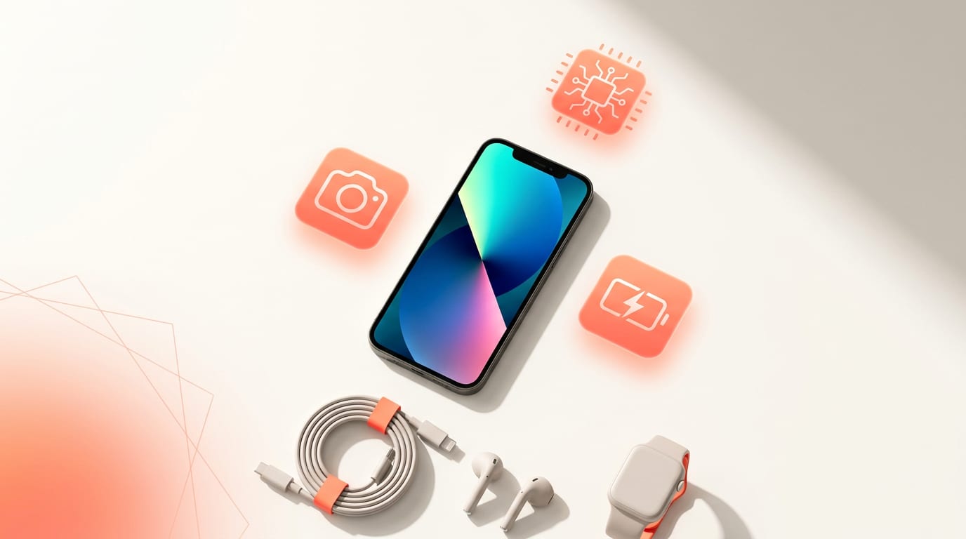Nowoczesny smartfon leżący na stole, otoczony ikonami aparatu, procesora i baterii, symbolizujący kluczowe cechy telefonów z serii Fan Edition.
