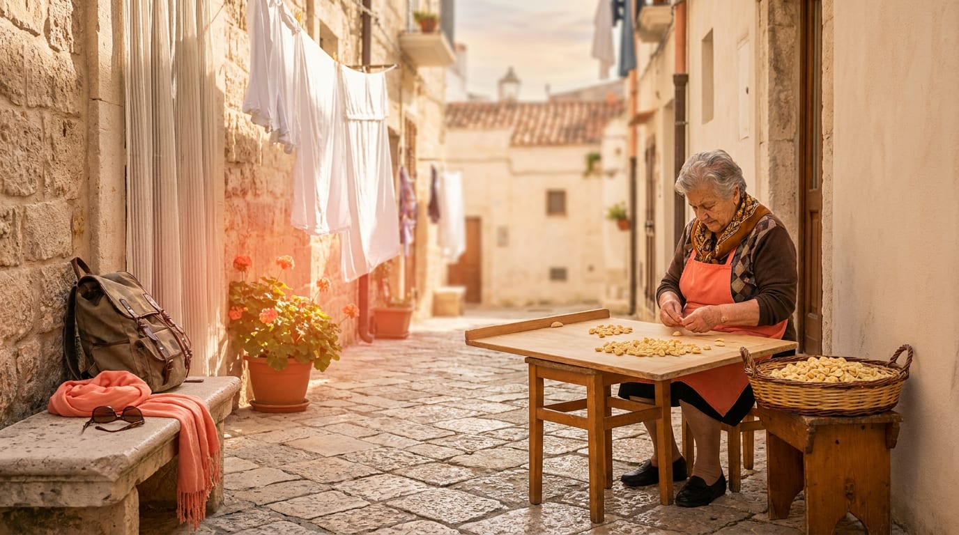 Wąska uliczka w starym mieście Bari, gdzie kobieta ręcznie robi makaron orecchiette przed swoim domem w jesiennym słońcu.