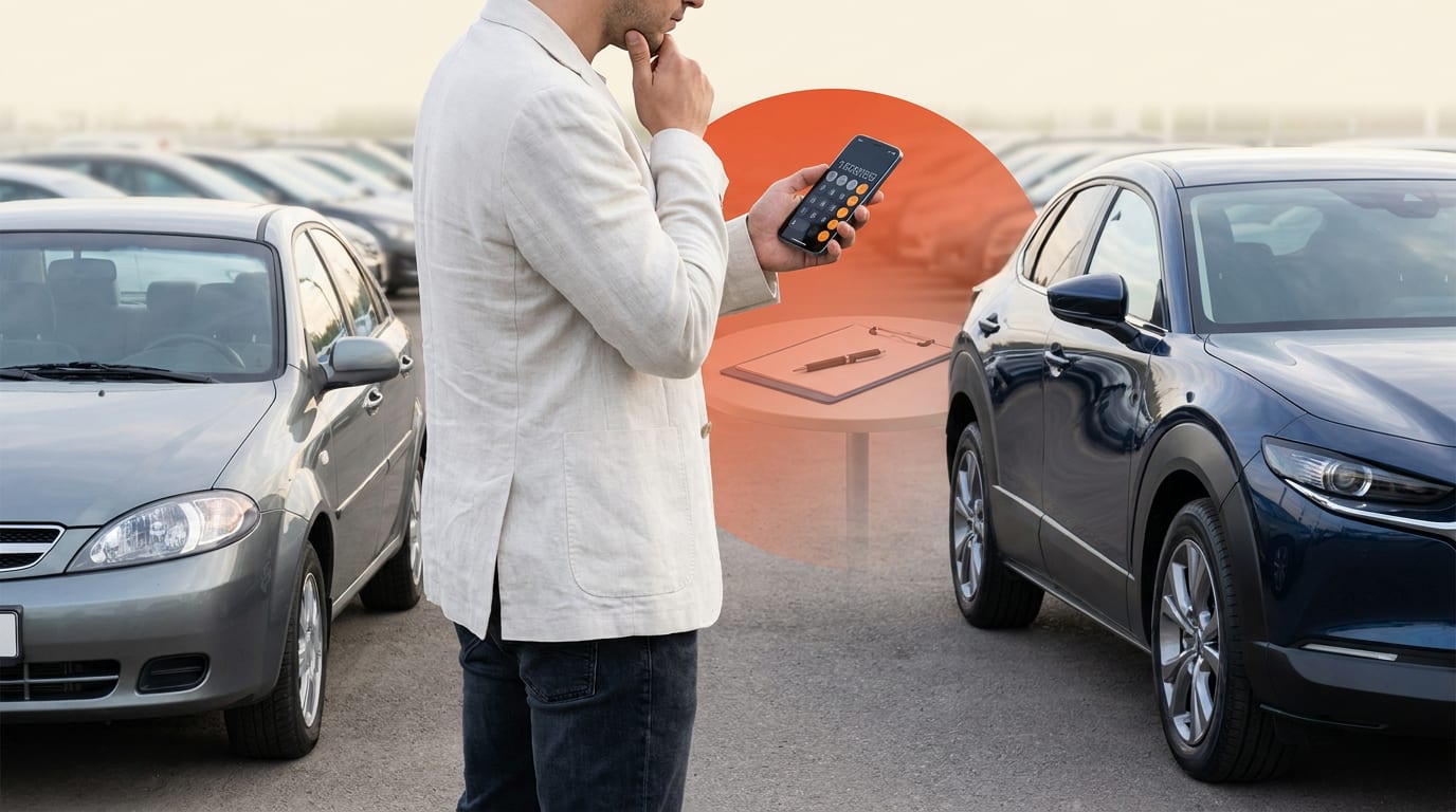 Mężczyzna rozważa zakup samochodu używanego i oblicza koszty finansowania na kalkulatorze w telefonie.