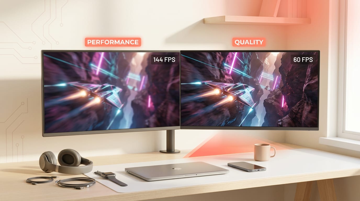 Porównanie jakości i wydajności w grach wideo, symbolizowane przez technologię NVIDIA DLSS 5.
