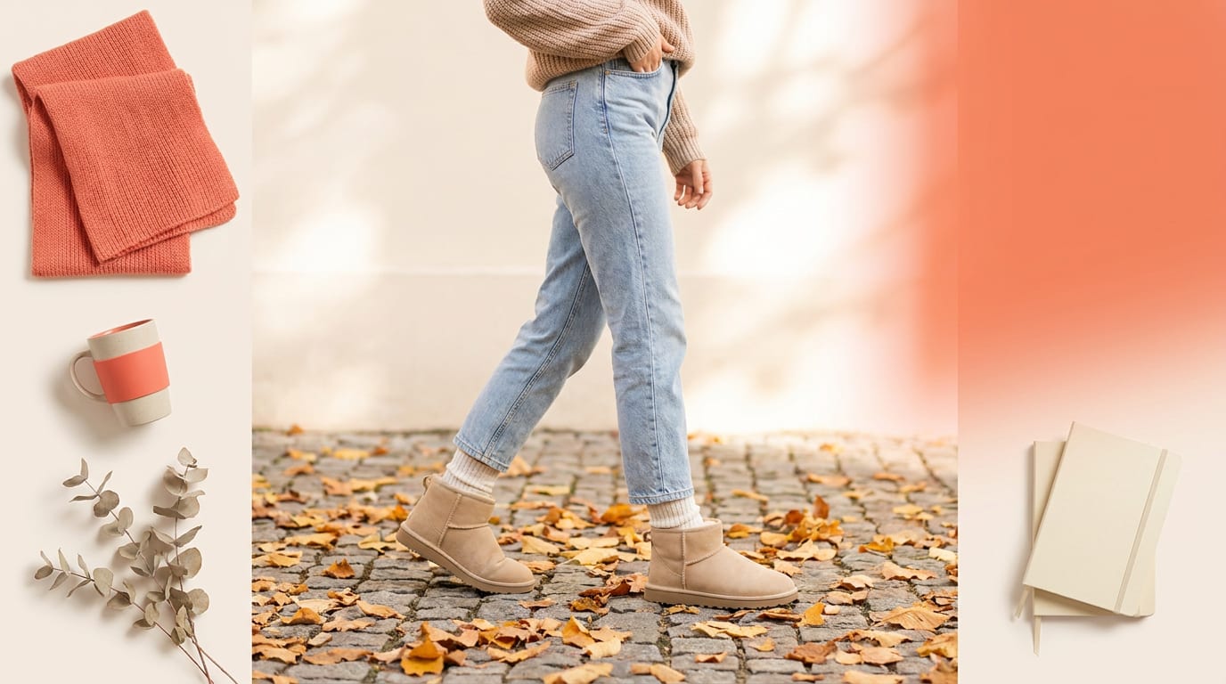 Kobieta w beżowych botkach w stylu UGG i jeansach idzie po jesiennej ulicy.
