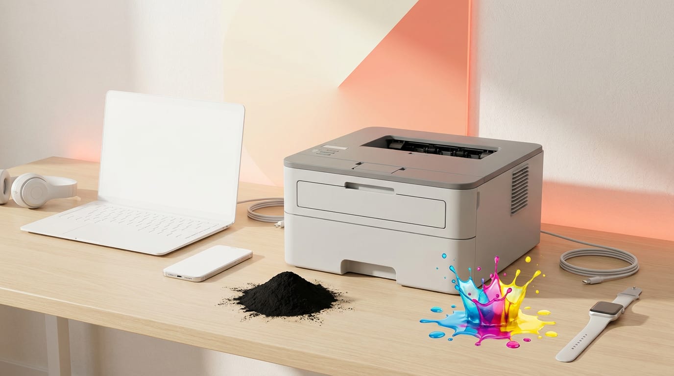 Nowoczesna drukarka na biurku, symbolizująca wybór między technologią laserową (proszek) a atramentową (kolorowy tusz).