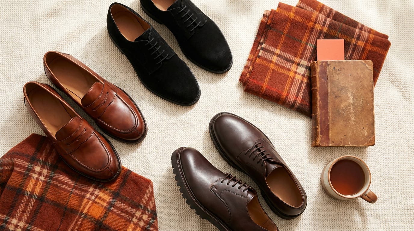 Klasyczne buty na jesień w stylu grandpa shoes - skórzane loafersy, oksfordy i derby ułożone na tle wełnianego szalika.