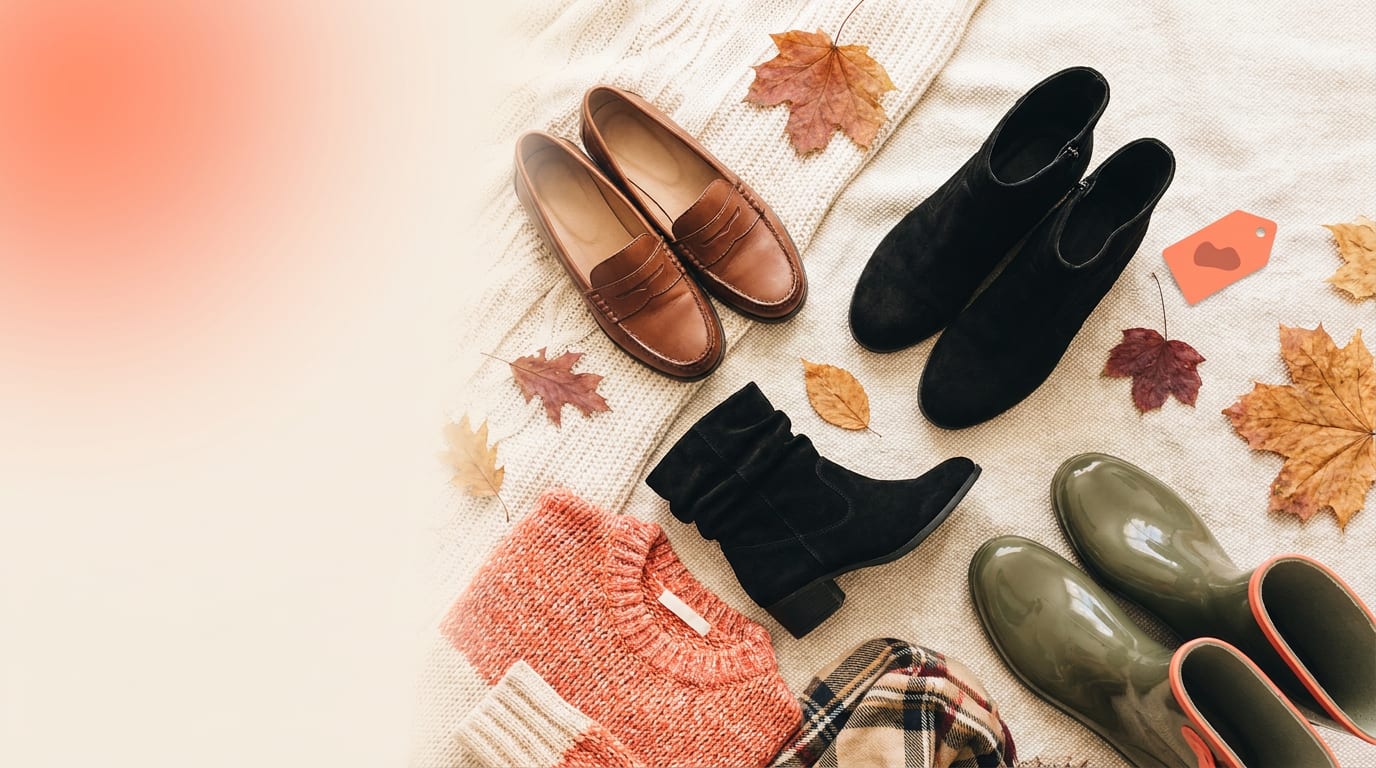 Stylowe buty na jesień: brązowe loafersy, czarne kozaki z marszczoną cholewką i oliwkowe kalosze ułożone na tle jesiennych liści.