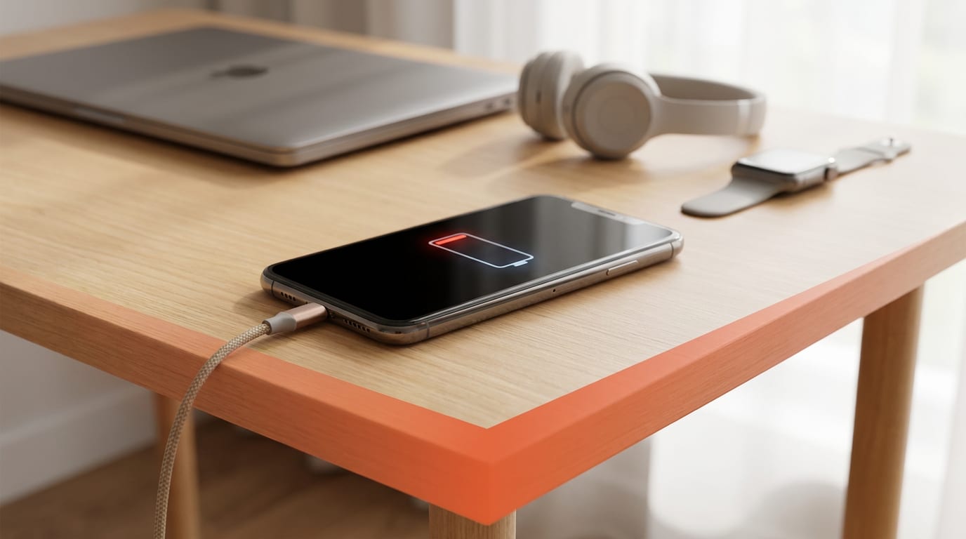 Smartfon podłączony do ładowarki leżący na biurku z ikoną niskiego poziomu baterii na ekranie.