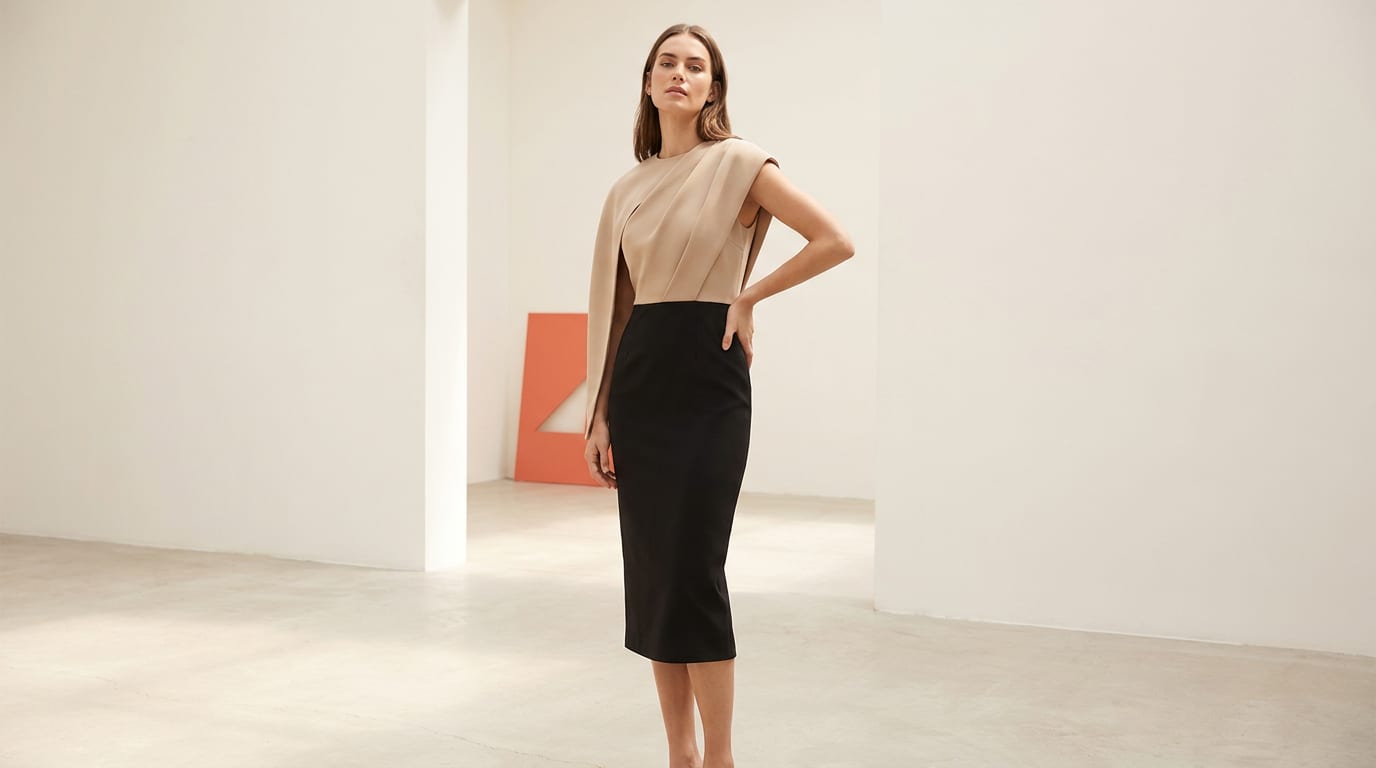Elegancka kobieta w nowoczesnej dwukolorowej sukience z beżową górą i czarnym dołem.