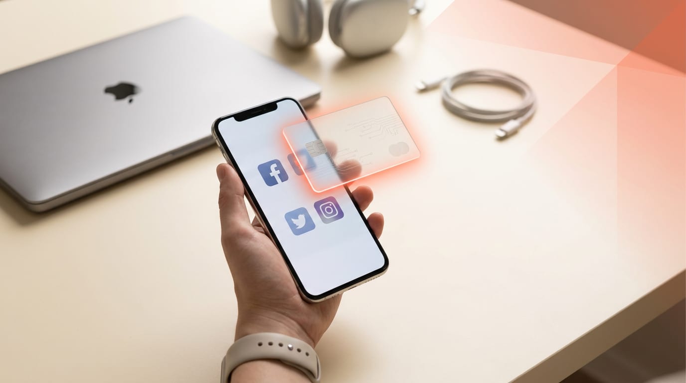 Smartfon z ikonami aplikacji społecznościowych, nad którym unosi się karta płatnicza, symbolizując płatne subskrypcje w mediach społecznościowych.