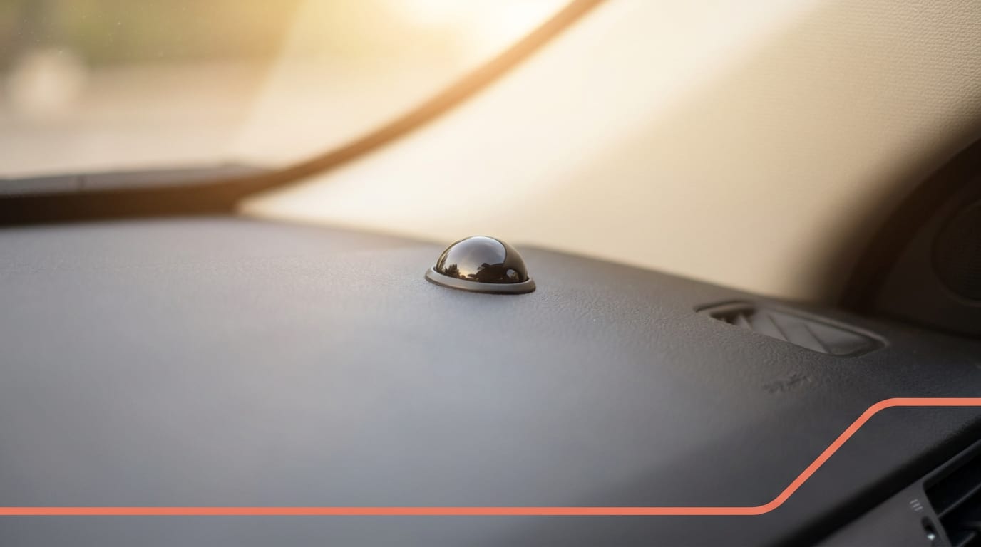 Zbliżenie na deskę rozdzielczą samochodu, w centrum kadru czujnik nasłonecznienia w kształcie małej kopułki.