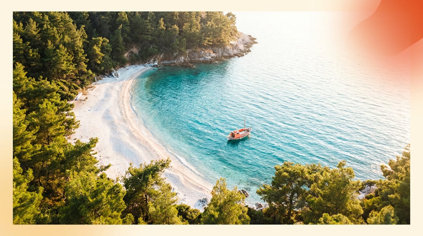 Widok z lotu ptaka na rajską plażę na greckiej wyspie Thassos, otoczoną zielonymi lasami.