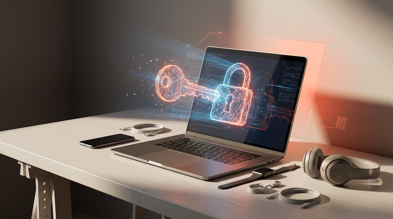 Cyfrowy zamek i klucz wydostające się z ekranu komputera, symbolizujące zagrożenia cyberbezpieczeństwa ze strony AI.