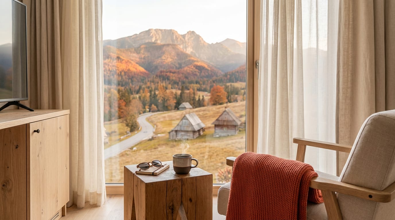 Widok z okna hotelowego na jesienne Tatry, na pierwszym planie filiżanka z kawą.