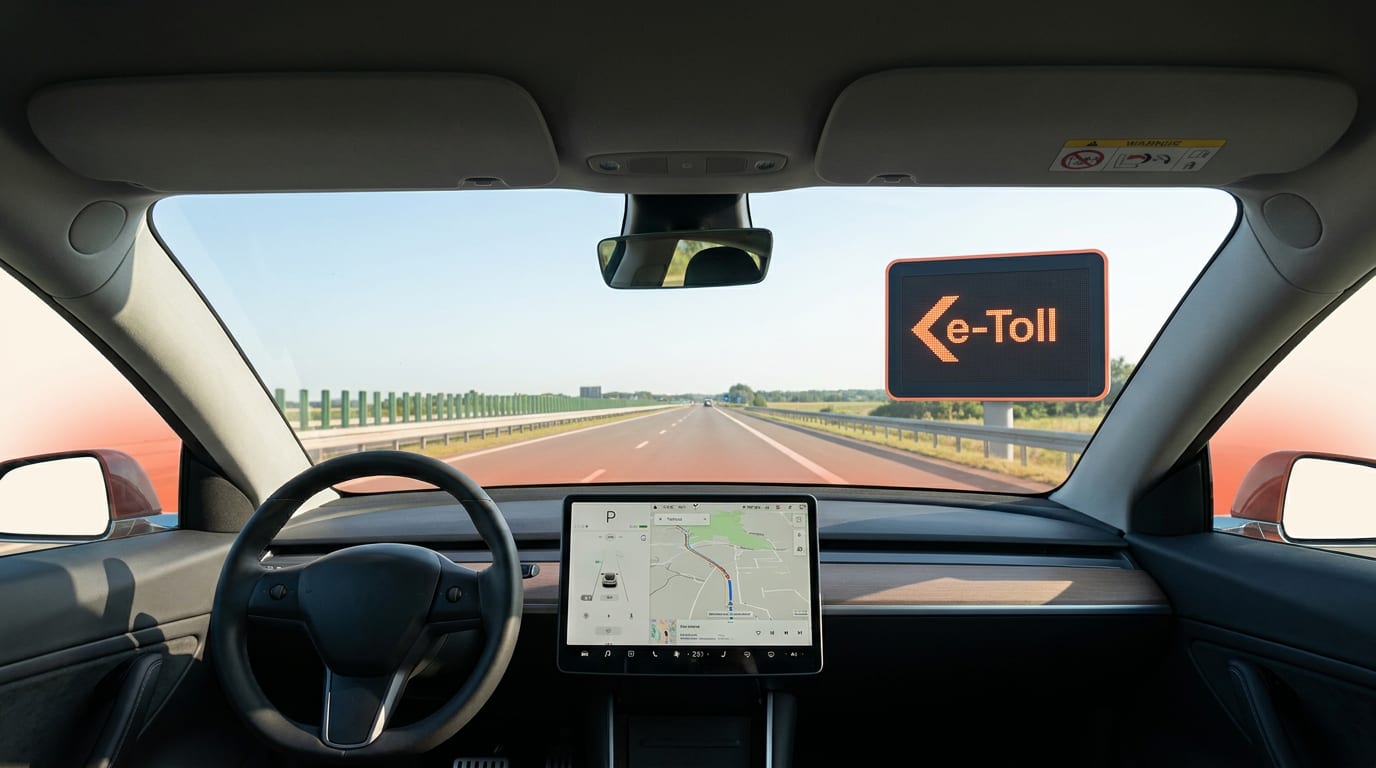 Samochód jadący polską autostradą w słoneczny dzień, w oddali widoczny znak systemu e-Toll.