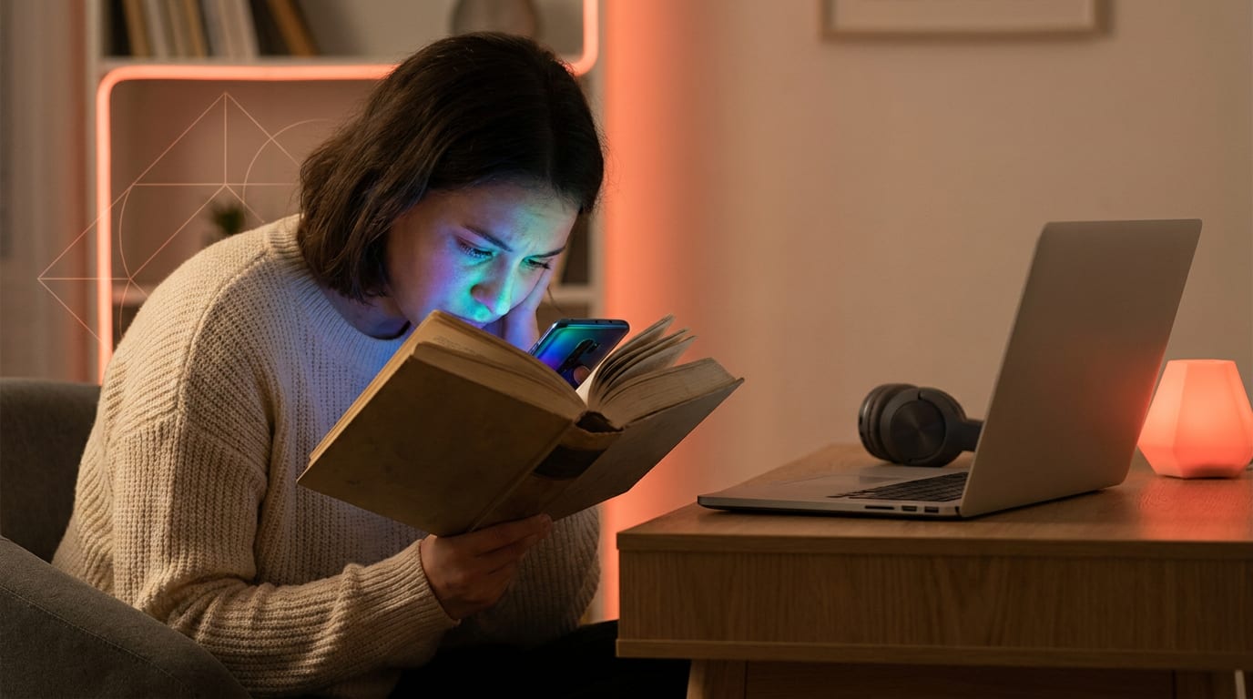 Osoba próbująca czytać książkę, której twarz oświetla ukryty za książką ekran smartfona.