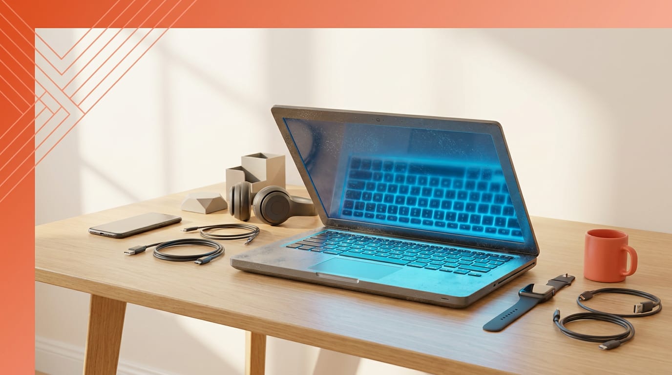 Stary laptop, który świeci nowym, cyfrowym światłem, symbolizując drugie życie sprzętu.