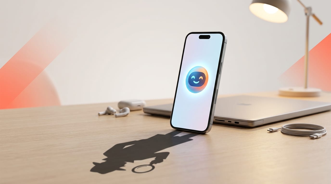 Smartfon z ikoną asystenta AI, którego cień ma kształt szpiega.