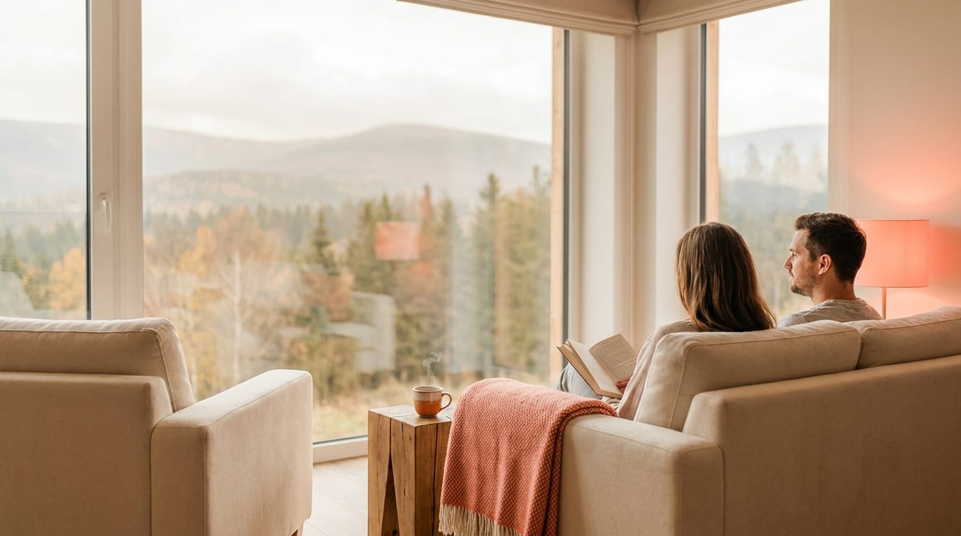 Widok z okna pokoju hotelowego na jesienne, mgliste Karkonosze.