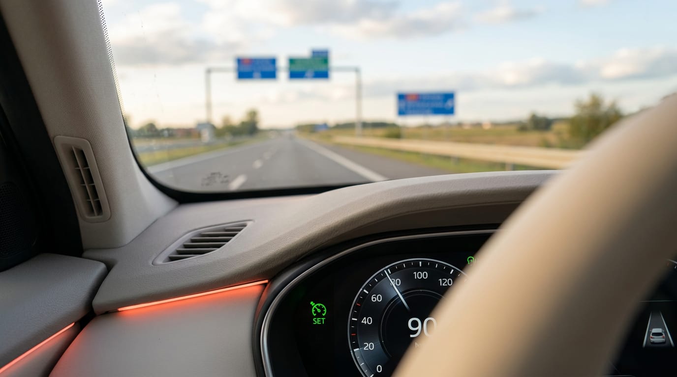Widok na deskę rozdzielczą samochodu z włączonym tempomatem podczas jazdy po polskiej autostradzie.
